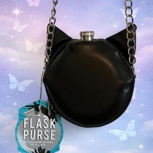 Novelty black cat flask purse crossbody stainless steel hidden flask bag NWT